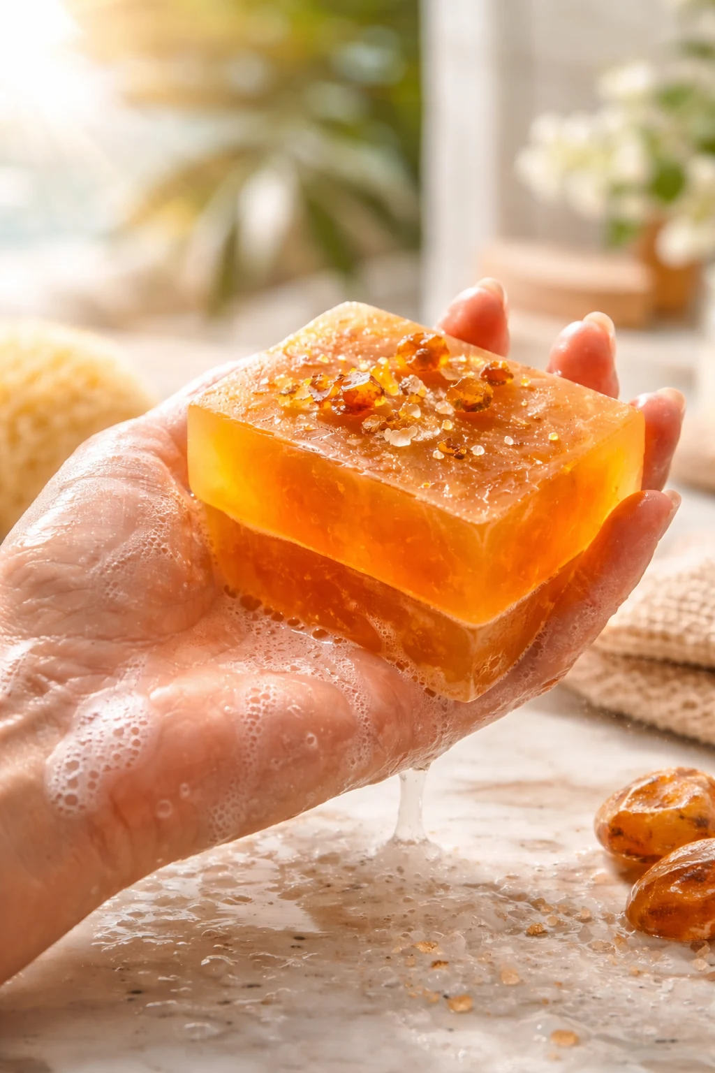 Uniwersalny kosmetyk do mycia całego ciała ręka trzymająca przezroczyste, pomarańczowe mydło glicerynowe z widocznymi zatopionymi drobinkami i kryształkami, pokryte pianą, na tle łazienkowych akcesoriów i rozproszonego światła słonecznego