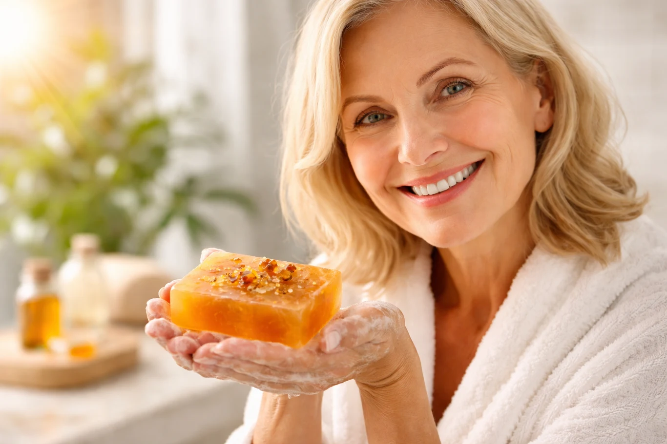 Dla kogo jest mydło bursztynowe? Uśmiechnięta dojrzała kobieta w białym szlafroku trzyma w obu dłoniach mydło z kawałkami ziół, prezentując je na tle jasnej, domowej łazienki.