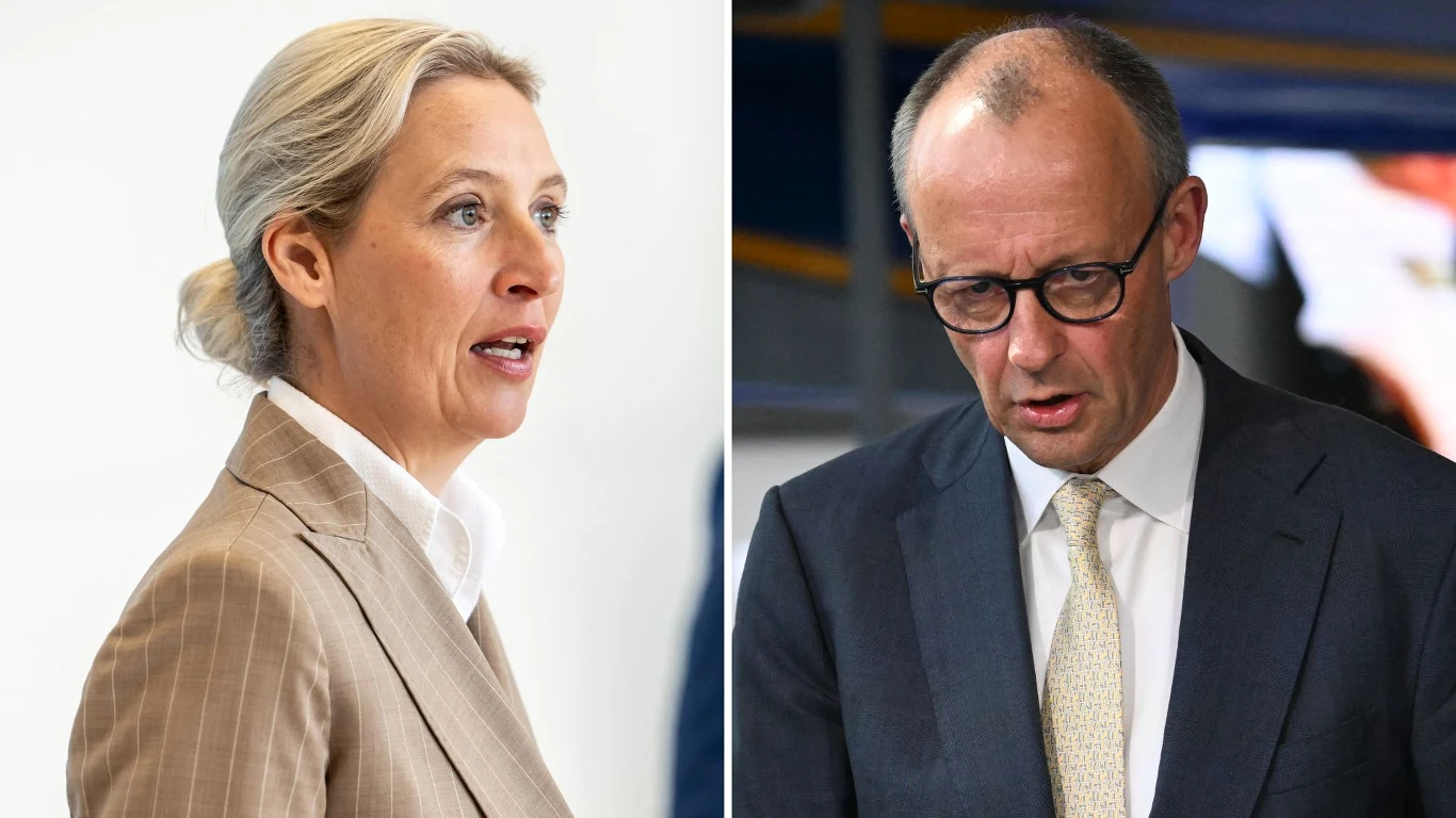 Wpółprzewodnicząca Alternatywy dla Niemiec Alice Weidel oraz lider CDU/CSU Friedrich Merz Alice Weidel i Friedrich Merz, oboje w eleganckich garniturach, w ujęciu portretowym.