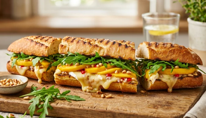 Grillowana bagietka z serem brie, mango i orzeszkami piniowymi