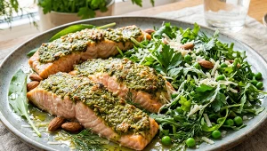 Pieczony łosoś z pesto z czosnku niedźwiedziego i ziołową sałatką