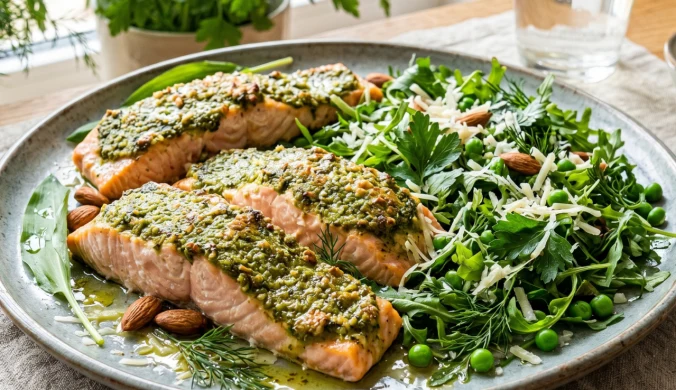Pieczony łosoś z pesto z czosnku niedźwiedziego i ziołową sałatką