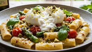 Makaron rigatoni z zielonymi szparagami, pomidorkami cherry i burratą