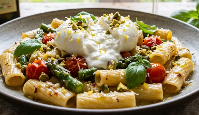 Makaron rigatoni z zielonymi szparagami, pomidorkami cherry i burratą