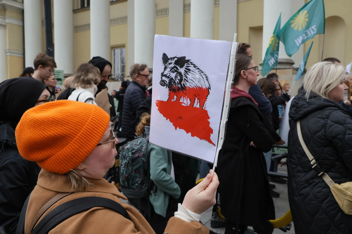 Osoba w pomarańczowej czapce trzyma transparent z rysunkiem dzika oraz czerwonym konturem Polski podczas zgromadzenia grupy ludzi na tle białych kolumn i flag z zielonym symbolem.