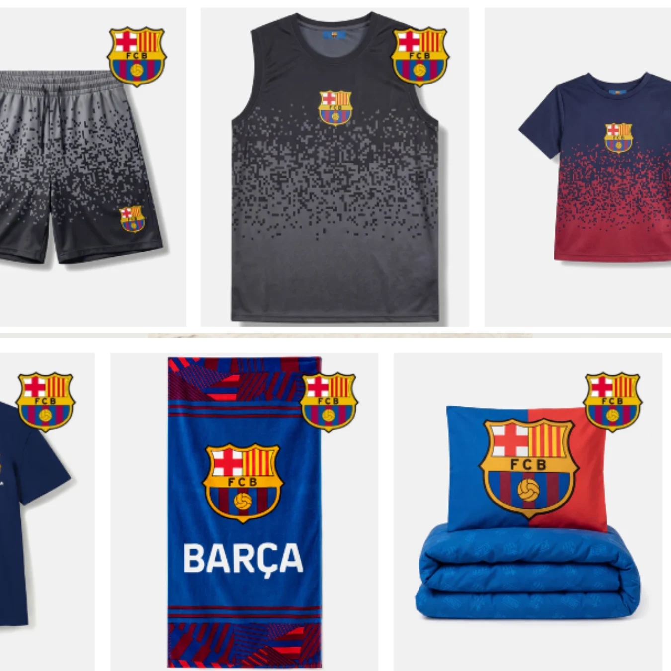 kolekcja gadżetów klubowych FC Barcelona, obejmująca sportowe szorty, bezrękawnik, koszulki, ręcznik oraz pościel, z dominantą barw granatowo-bordowych, każda rzecz ozdobiona oficjalnym herbem klubu