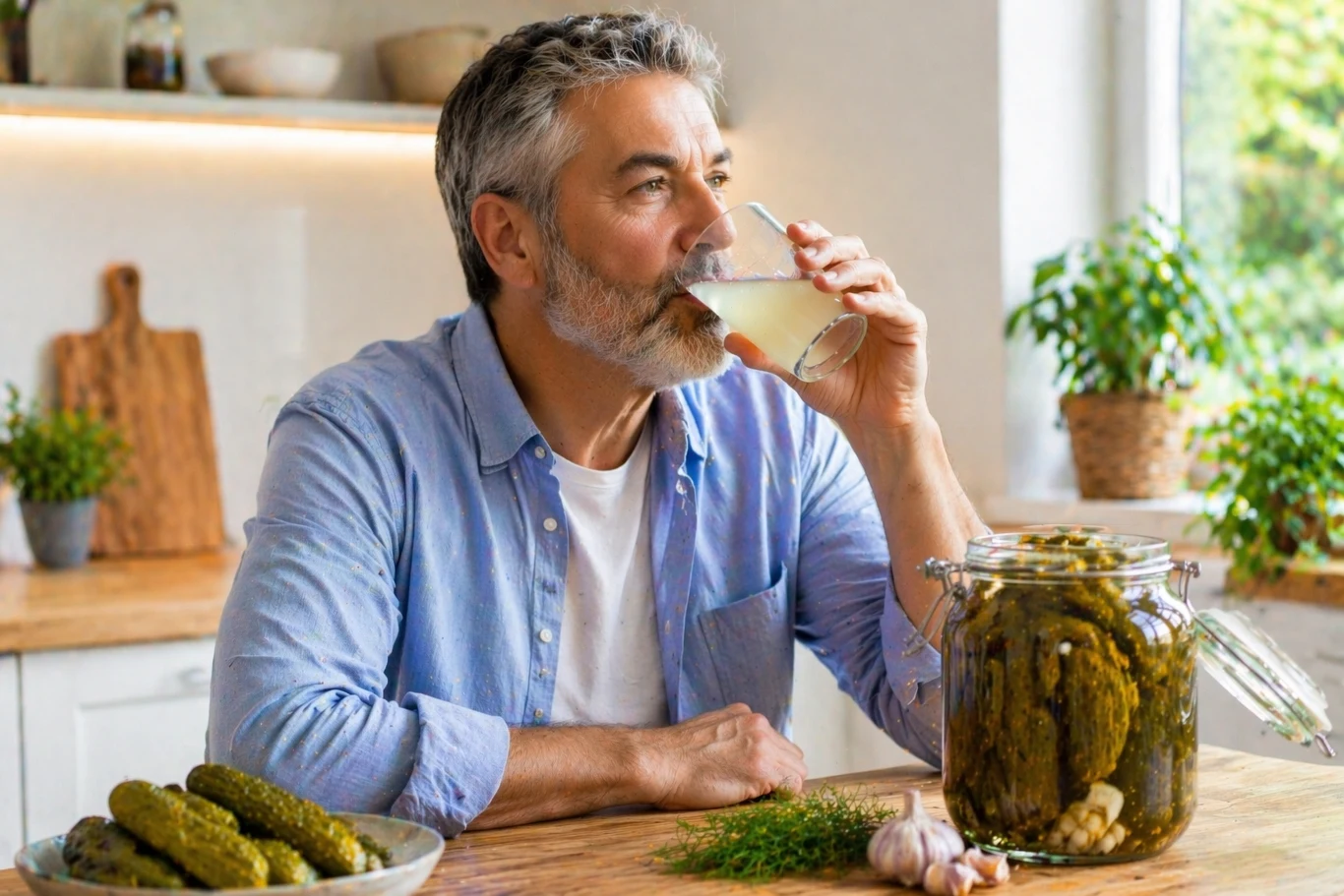 mężczyzna z siwą brodą siedzi przy kuchennym stole i pije wodę z ogórków kiszonych, obok niego stoi otwarty słoik z ogórkami, na stole leżą koper i główka czosnku, w tle widoczne są doniczki z zielonymi roślinami