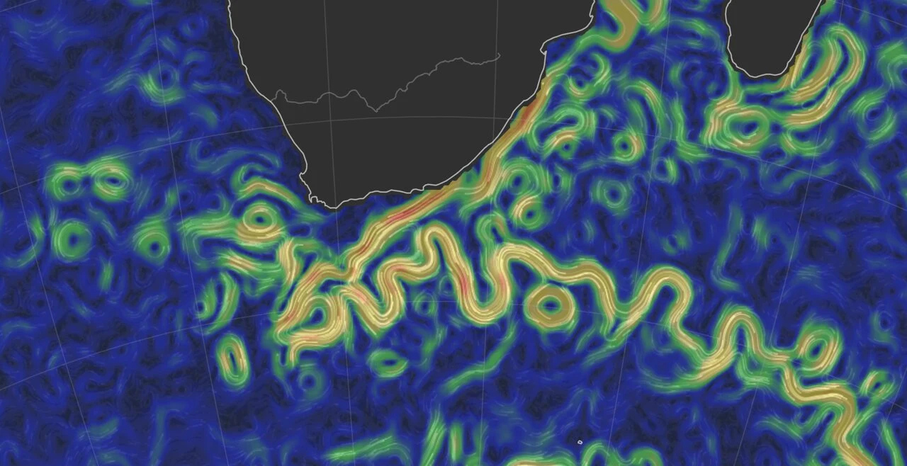Wiry oceaniczne nasilają ekstremalne zjawiska klimatyczne (Zdj. Prądy oceaniczne z 11 lutego 2018 r. na podstawie danych z OSCAR v2.0) Wizualizacja prądów i wirów oceanicznych przy południowym krańcu Afryki, dane z 11.02.2018