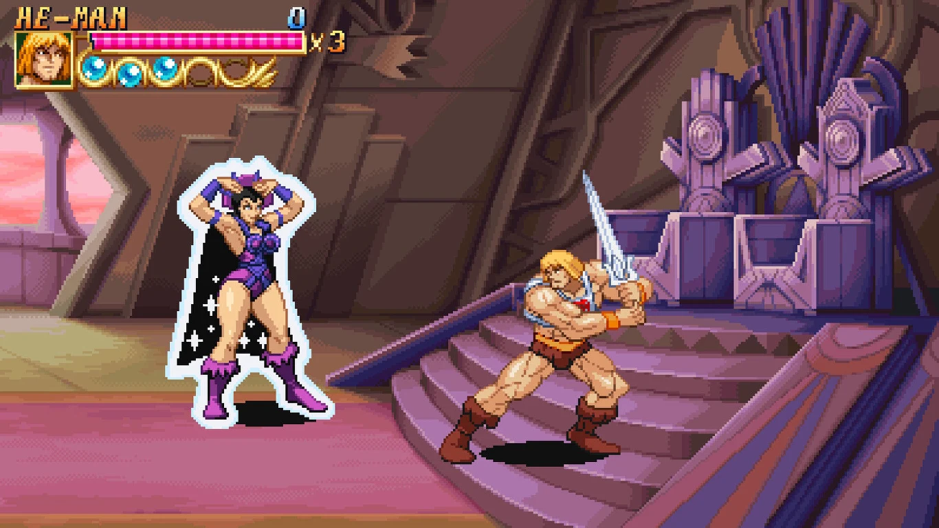 He-Man and the Masters of the Universe: Dragon Pearl of Destruction He-Man z uniesionym mieczem naprzeciw czarownicy w fioletowym stroju, obok królewski tron w komnacie.