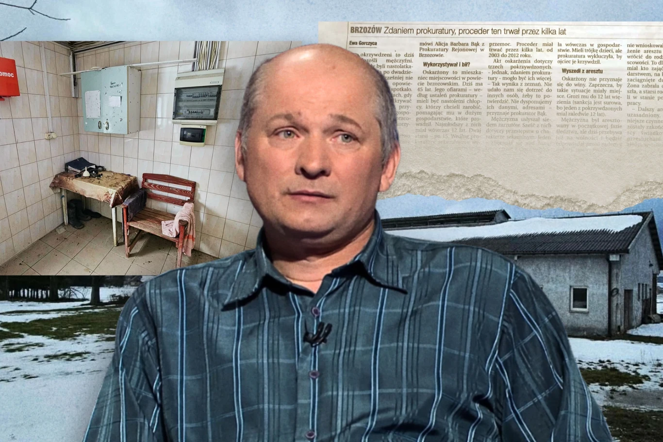 Grzegorz Władyka został skazany mimo poważnych wątpliwości wokół jego sprawy Grzegorz Władyka w koszuli w kratę, kolaż z wnętrzem zaniedbanego pomieszczenia, budynkiem i wycinkiem gazety.