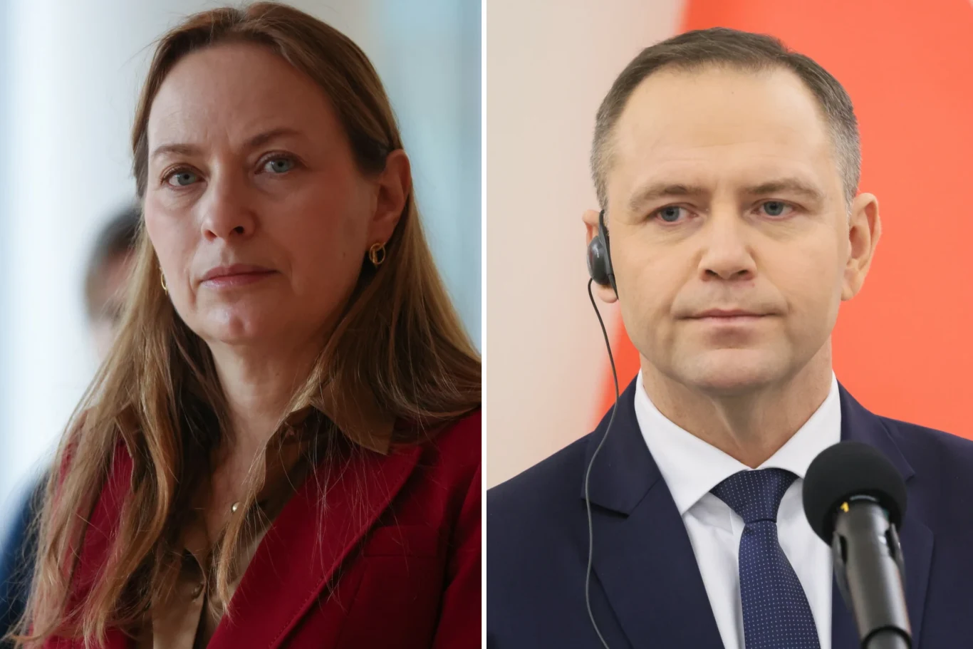 Minister do Karola Nawrockiego: Podpisze pan? Dwa zdjęcia. Minister Pełczyńska-Nałęcz w bordowej marynarce. Karol Nawrocki w granatowym garniturze z mikrofonem nagłownym