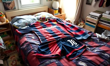 Koszulka FC Barcelona rozłożona na łóżku w pokoju dziecka — kolekcja Pepco kwiecień 2026