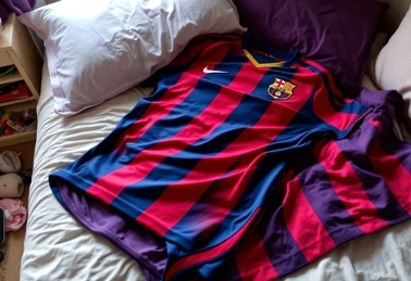 Koszulka FC Barcelona rozłożona na łóżku w pokoju dziecka — kolekcja Pepco kwiecień 2026
