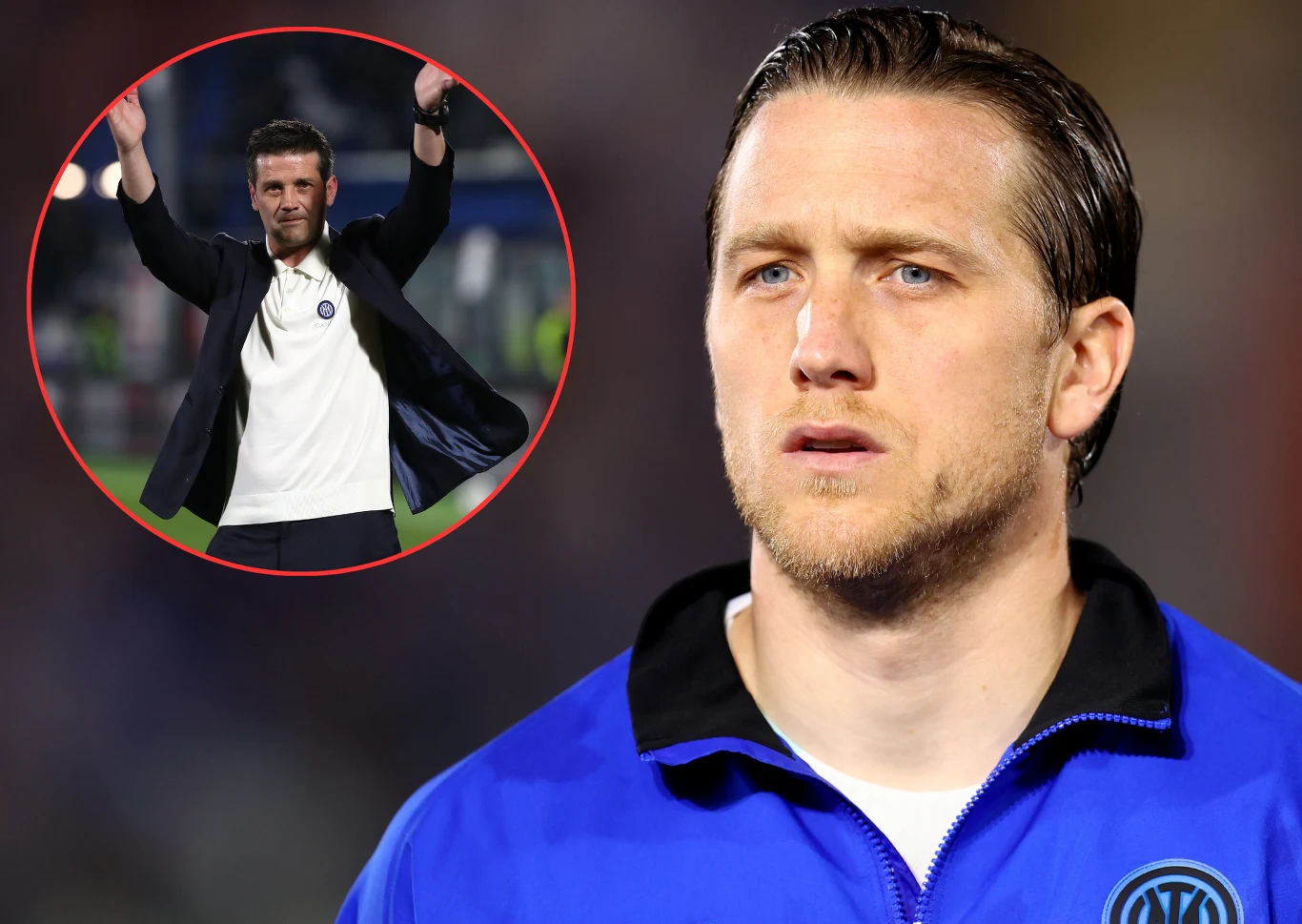 Cristian Chivu i Piotr Zieliński Piotr Zieliński w niebieskiej kurtce Interu, okrągła wstawka z Cristianem Chivu w garniturze z podniesionymi rękami.
