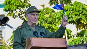 Prezydent Kuby Miguel Diaz-Canel podczas przemówienia z okazji 65. rocznicy pokonania USA w Zatoce Świń