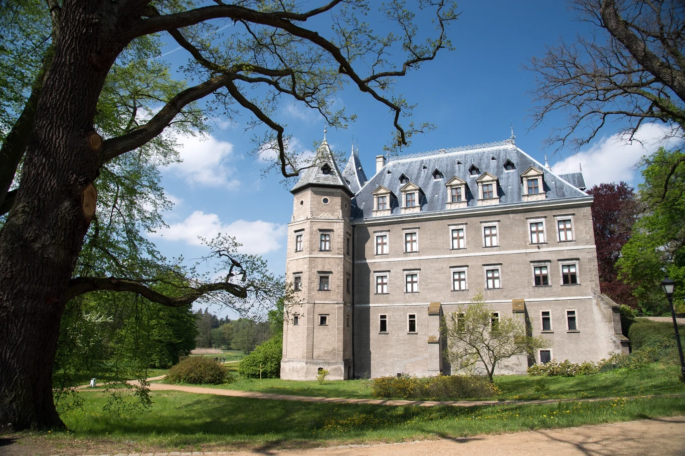 okazały zamek z wieżyczkami i stromym dachem otoczony zielonym parkiem, drogi spacerowe wiją się wśród drzew wokół budynku