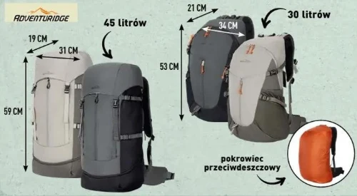 Plecak turystyczny w Aldi za 59,99 zł dwa plecaki turystyczne w różnych rozmiarach, jeden o pojemności 45 litrów w kolorze ciemnym, drugi o pojemności 30 litrów w jaśniejszym kolorze, obok których widoczny jest pomarańczowy pokrowiec przeciwdeszczowy; na grafice zaznaczone są wymiary obu p...