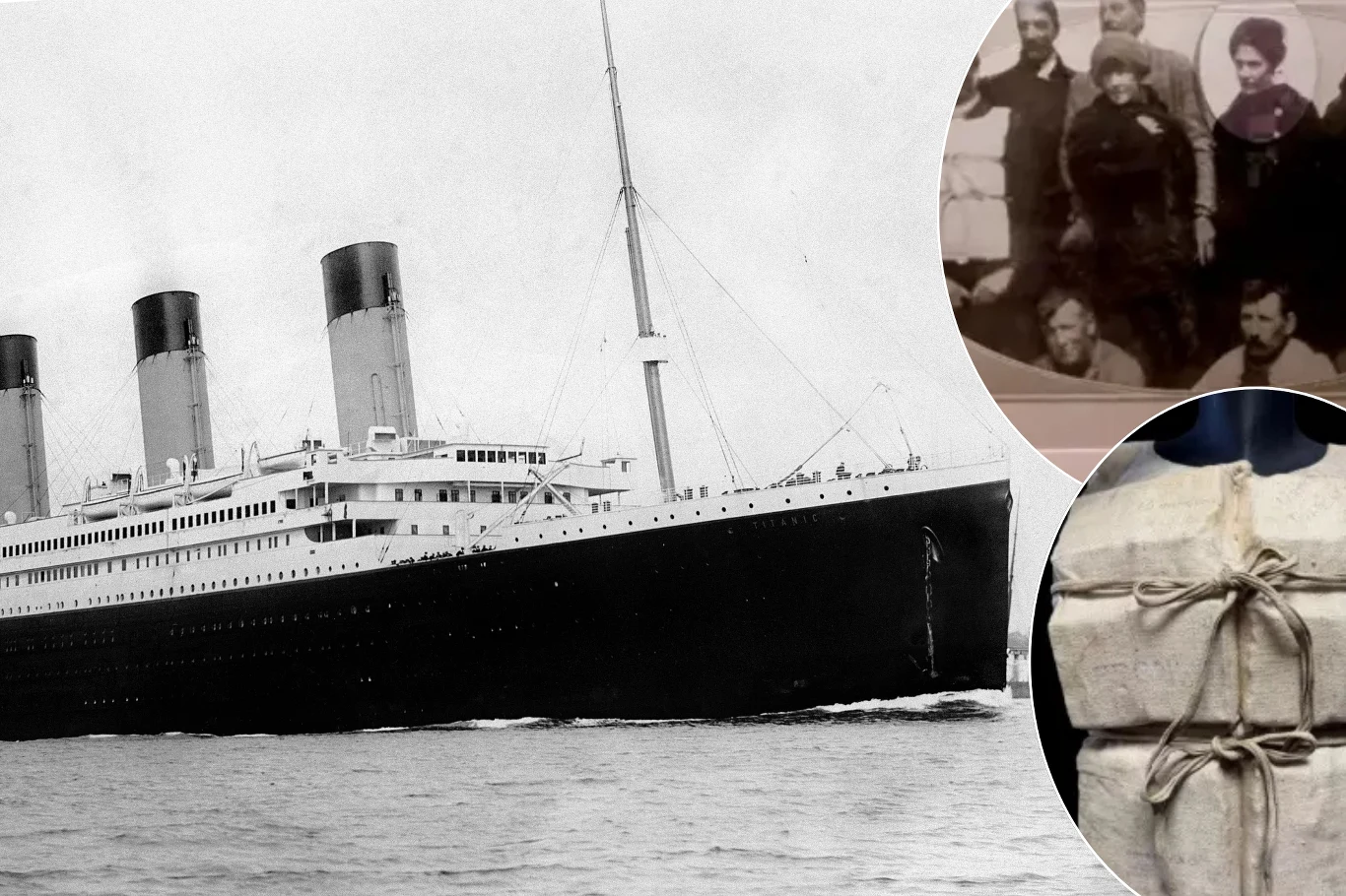 Jedyna tego rodzaju aukcja - na sprzedaż trafiła kamizelka ratunkowa osoby, która przeżyła katastrofę Titanica. Kamizelka ratunkowa z Titanica, liniowiec na morzu, archiwalne zdjęcie grupy ludzi i zbliżenie na kamizelkę.