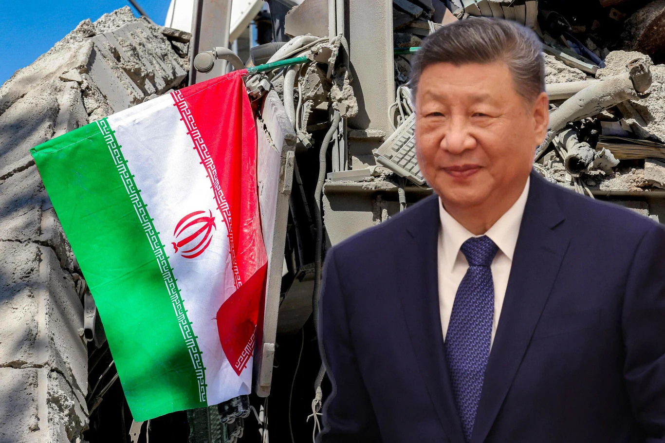 Iran mógł otrzymać chińskie wsparcie w zakresie systemów radarowych - informują media Chiński przywódca Xi Jinping stoi na tle zniszczonej konstrukcji z flagą Iranu