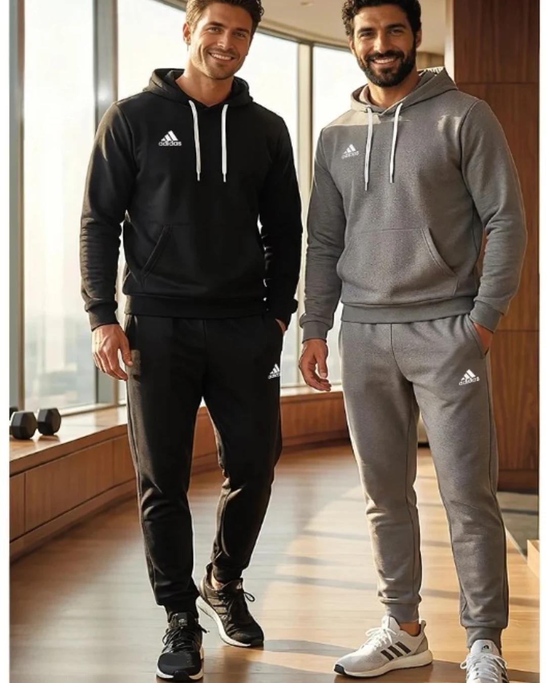 Dwóch uśmiechniętych mężczyzn w sportowych kompletach dresowych marki Adidas, jeden ubrany na czarno, drugi na szaro, stoi obok siebie w przestronnym, nowoczesnym wnętrzu z dużymi oknami i drewnianymi elementami wykończenia.
