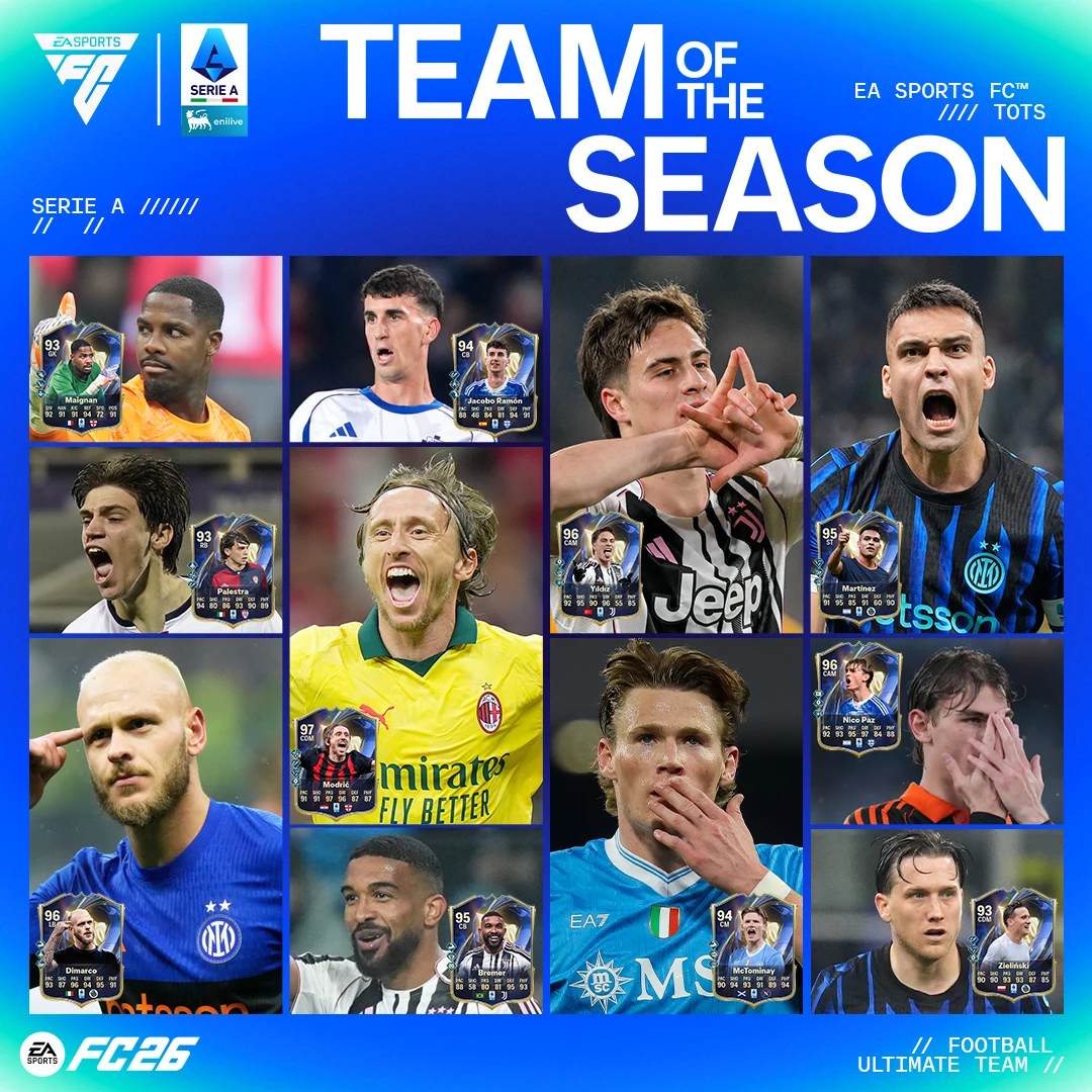 zestawienie portretów najlepszych piłkarzy sezonu Serie A według EA Sports FC, z wizerunkami zawodników z różnych klubów, kartami ocen w grze oraz charakterystycznym niebieskim tłem z logotypami ligi i gry FIFA