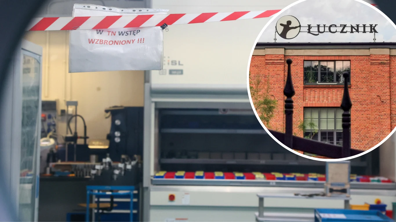 Fabryka Broni "Łucznik" w Radomiu zmaga się z problemami. Według "Solidarności" pracę w zakładzie stracić może nawet 140 osób z ponad 600 pracowników Strefa zakładu Łucznik w Radomiu odgrodzona taśmą i tabliczką "wstęp wzbroniony", w tle maszyny produkcyjne.