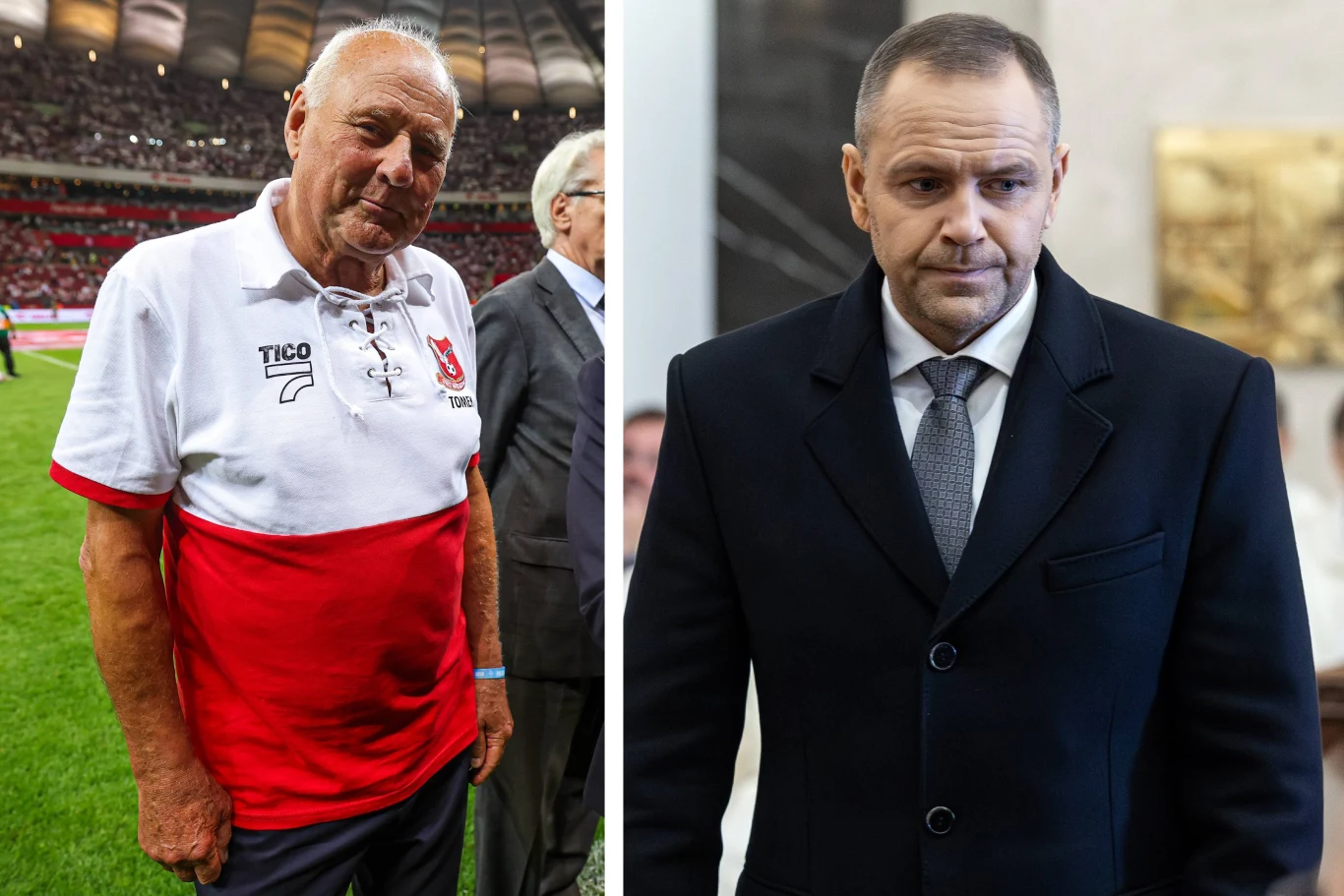 Jan Tomaszewski, Karol Nawrocki Jan Tomaszewski w biało-czerwonej koszulce na stadionie oraz Karol Nawrocki w garniturze w oficjalnym wnętrzu.