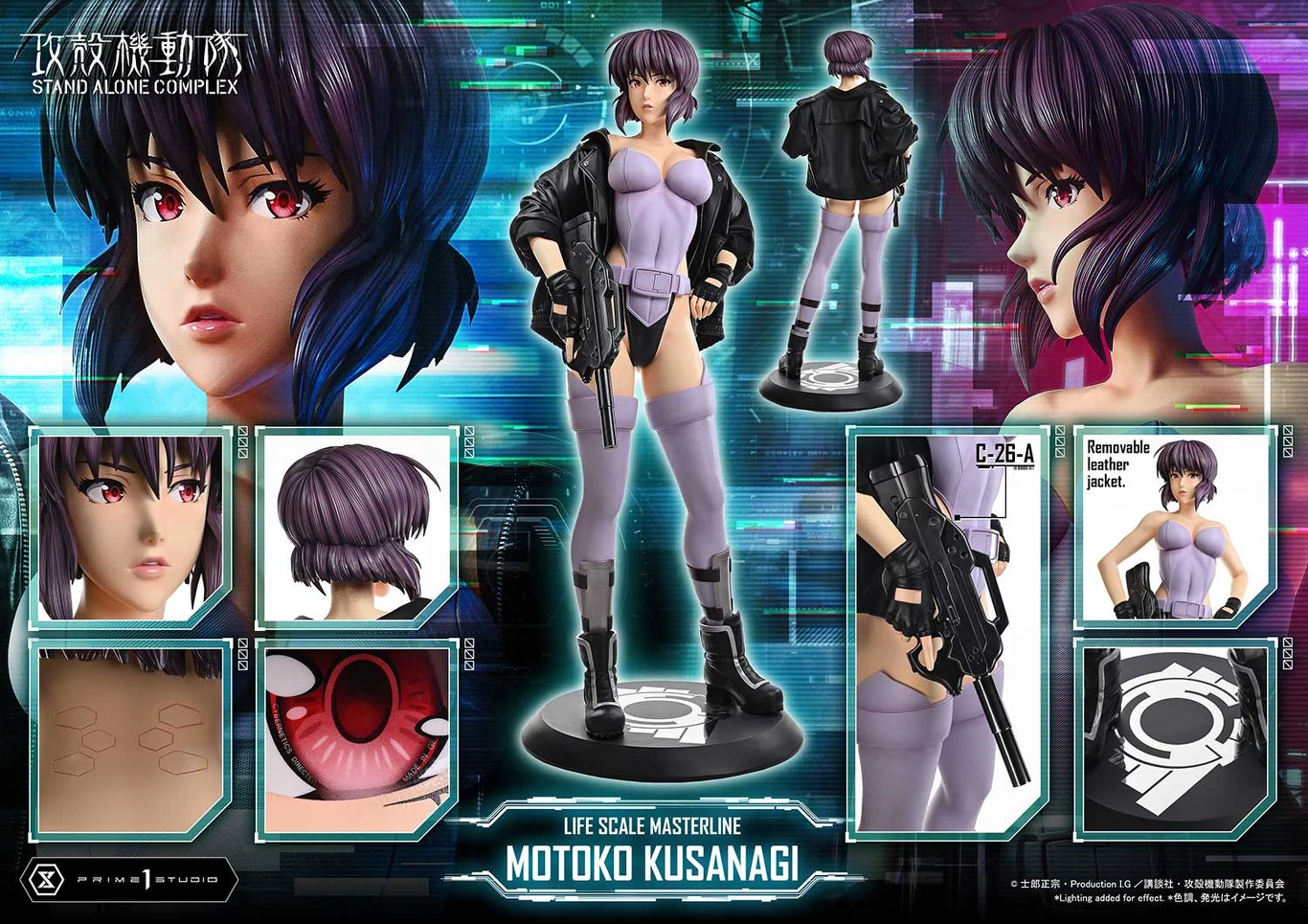 figurka Motoko Kusanagi z anime „Ghost in the Shell: Stand Alone Complex”, prezentowana w kilku zbliżeniach i detalach, w tym twarz, oczy, tył głowy i faktura skóry, główna postać w stroju bojowym z czarną, zdejmowaną kurtką, trzymająca broń, tło utrzy...
