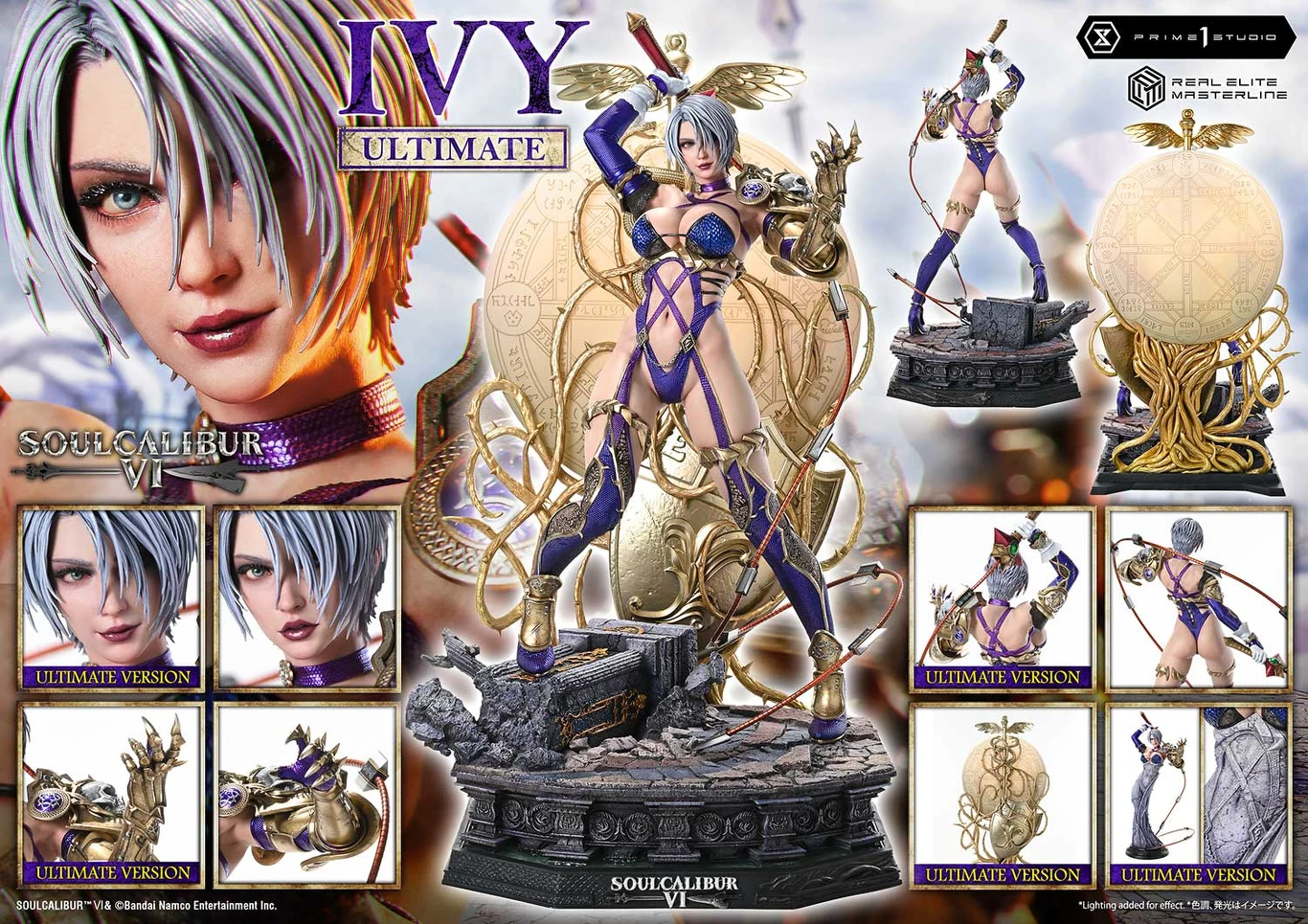 figurka Ivy z gry Soulcalibur VI ustawiona na ozdobnej podstawie, dominująca postać z jasnofioletowymi włosami, ubrana w efektowny, fantazyjny strój, z biżuterią i bronią przypominającą bicz, w tle złote ornamenty i mechaniczne detale; kilka zbliżeń uk...