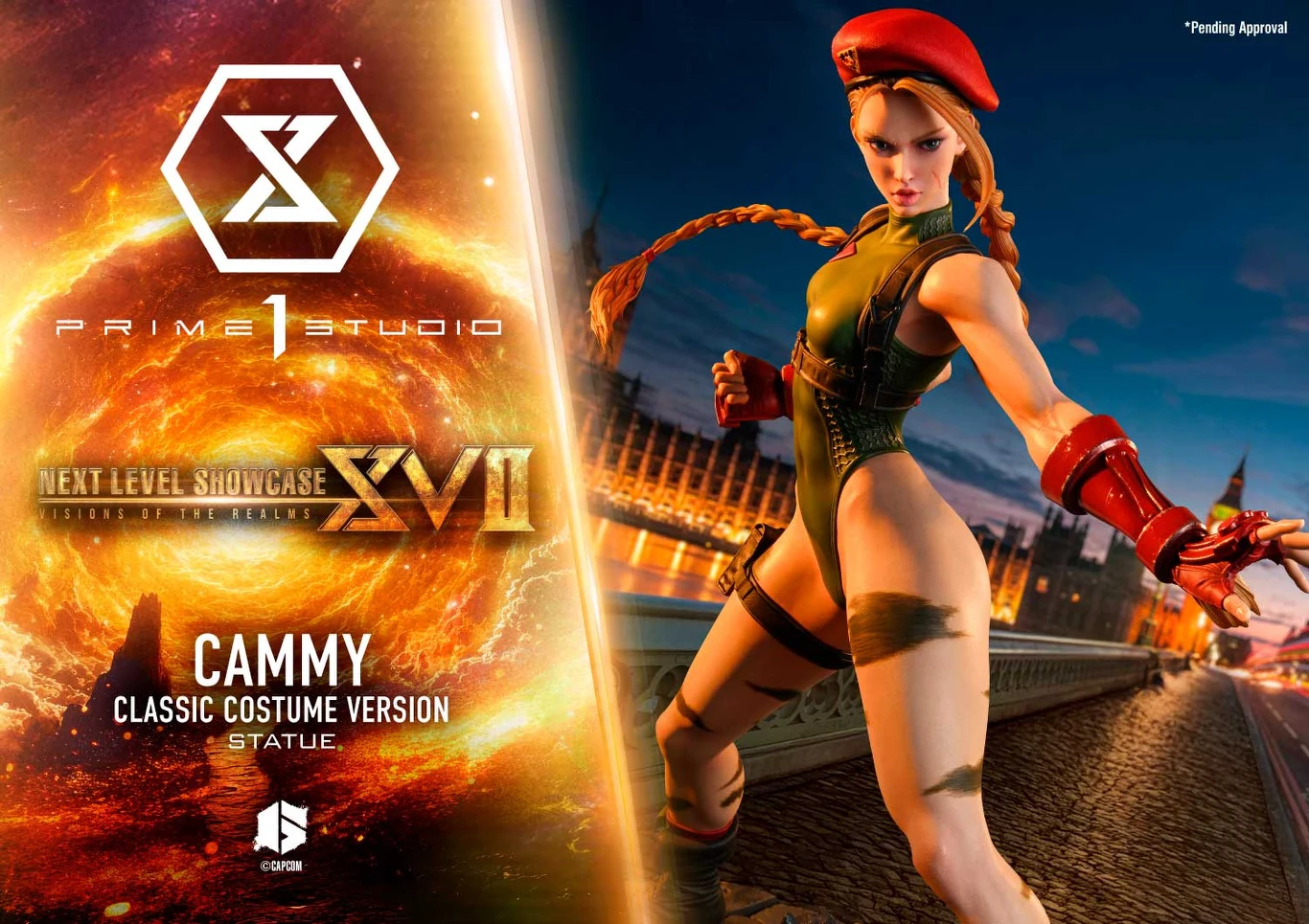 Bojowa postać Cammy w klasycznym stroju z czerwonym beretem i długim warkoczem, dynamicznie ustawiona na tle miasta nocą, z intensywnym, pomarańczowym światłem po lewej stronie i logo Prime 1 Studio oraz napisem informującym o prezentacji statuetki.