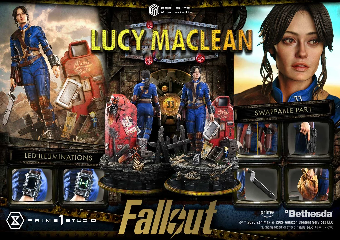 postać Lucy MacLean ubrana w niebieski kombinezon z serii Fallout stoi na szczegółowej podstawie z postapokaliptycznym wyposażeniem, w tle widoczne elementy świata Fallout, wymienne części głowy i rąk, podświetlenie LED w ekwipunku oraz logo Fallout, B...