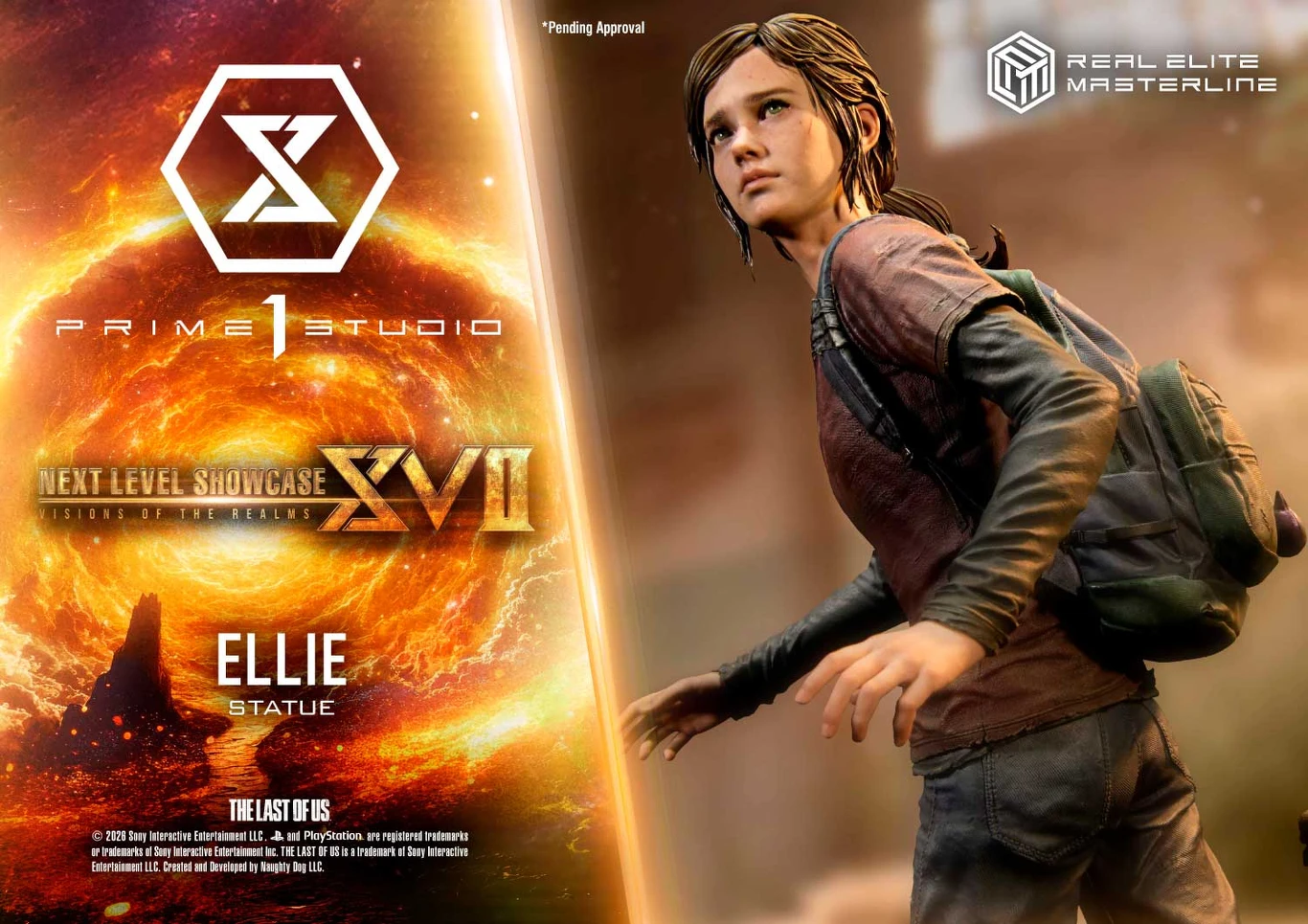 Dynamiczna figurka Ellie z gry The Last of Us, przedstawiona w ruchu z plecakiem na ramieniu, skupiona i czujna, na tle promieniującej energią kompozycji marketingowej Prime 1 Studio i zapowiedzi Next Level Showcase VII.