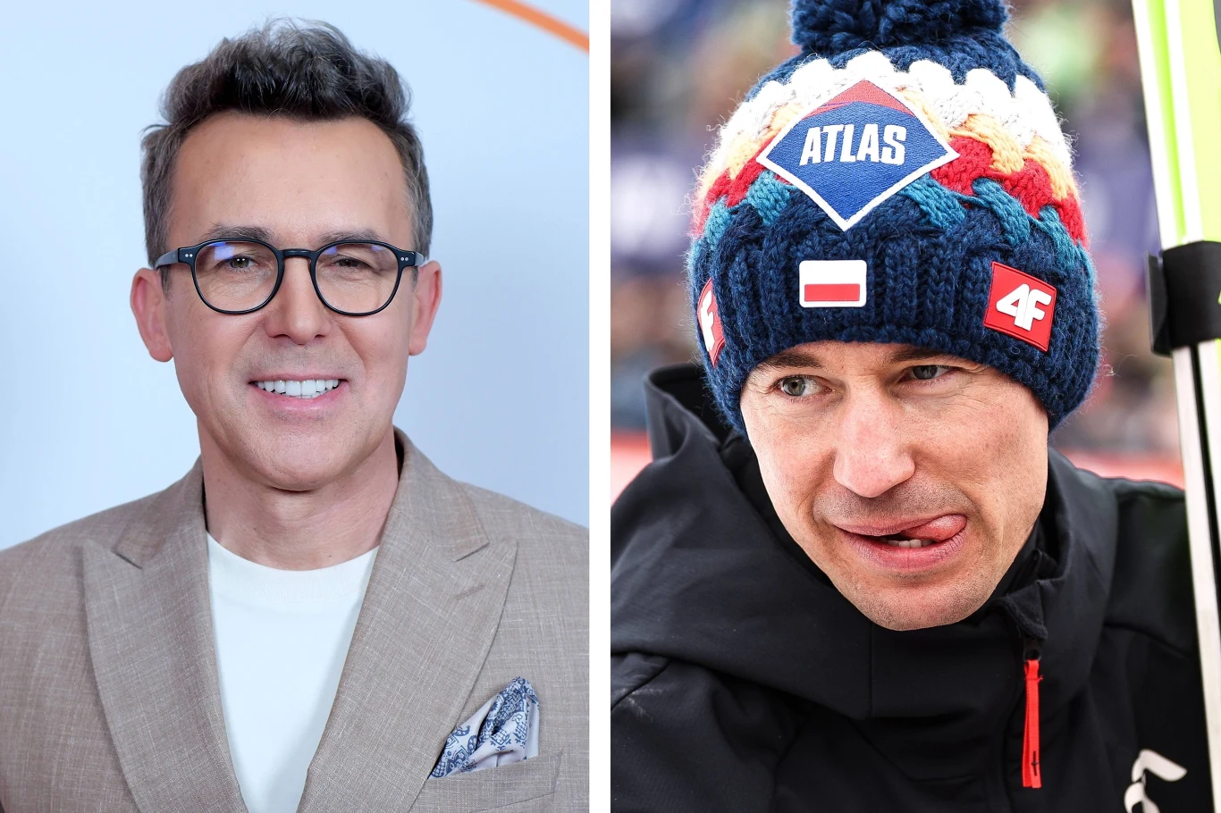 Maciej Kurzajewski, Kamil Stoch Maciej Kurzajewski w okularach i marynarce oraz Kamil Stoch w czapce i kurtce sportowej na zdjęciu razem.