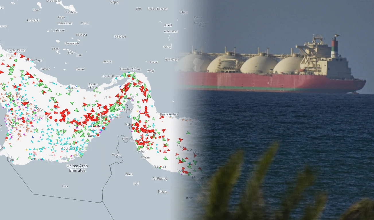 Zwrot w sprawie cieśniny Ormuz. Iran wydał komunikat Statek transportowy z gazem na morzu obok mapy z lokalizacją ruchu statków w rejonie Zatoki Perskiej.