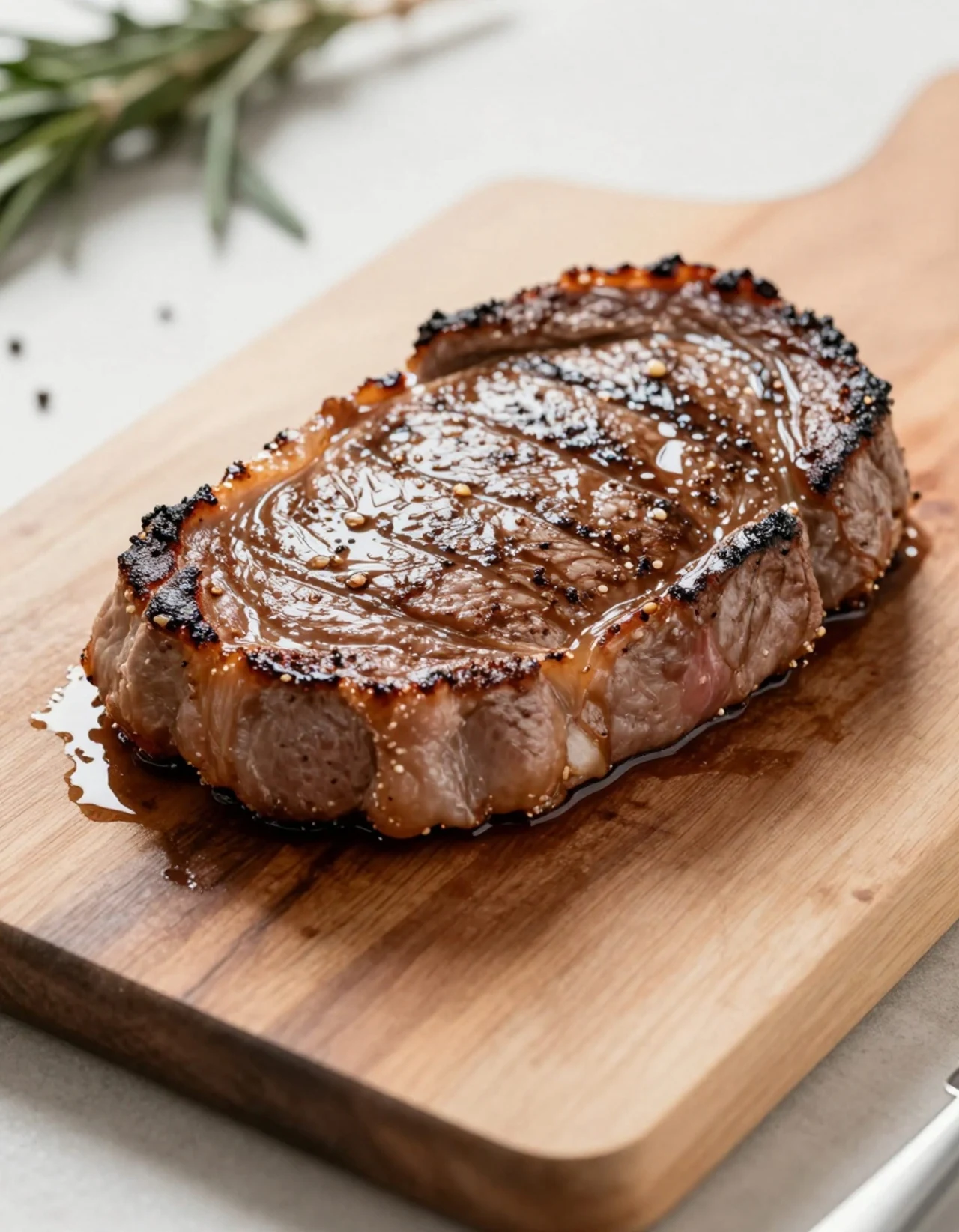 Soczysty, średnio wysmażony stek z apetycznymi przypieczonymi rantami leży na drewnianej desce, polany delikatnie sosem; w tle widoczna gałązka rozmarynu.