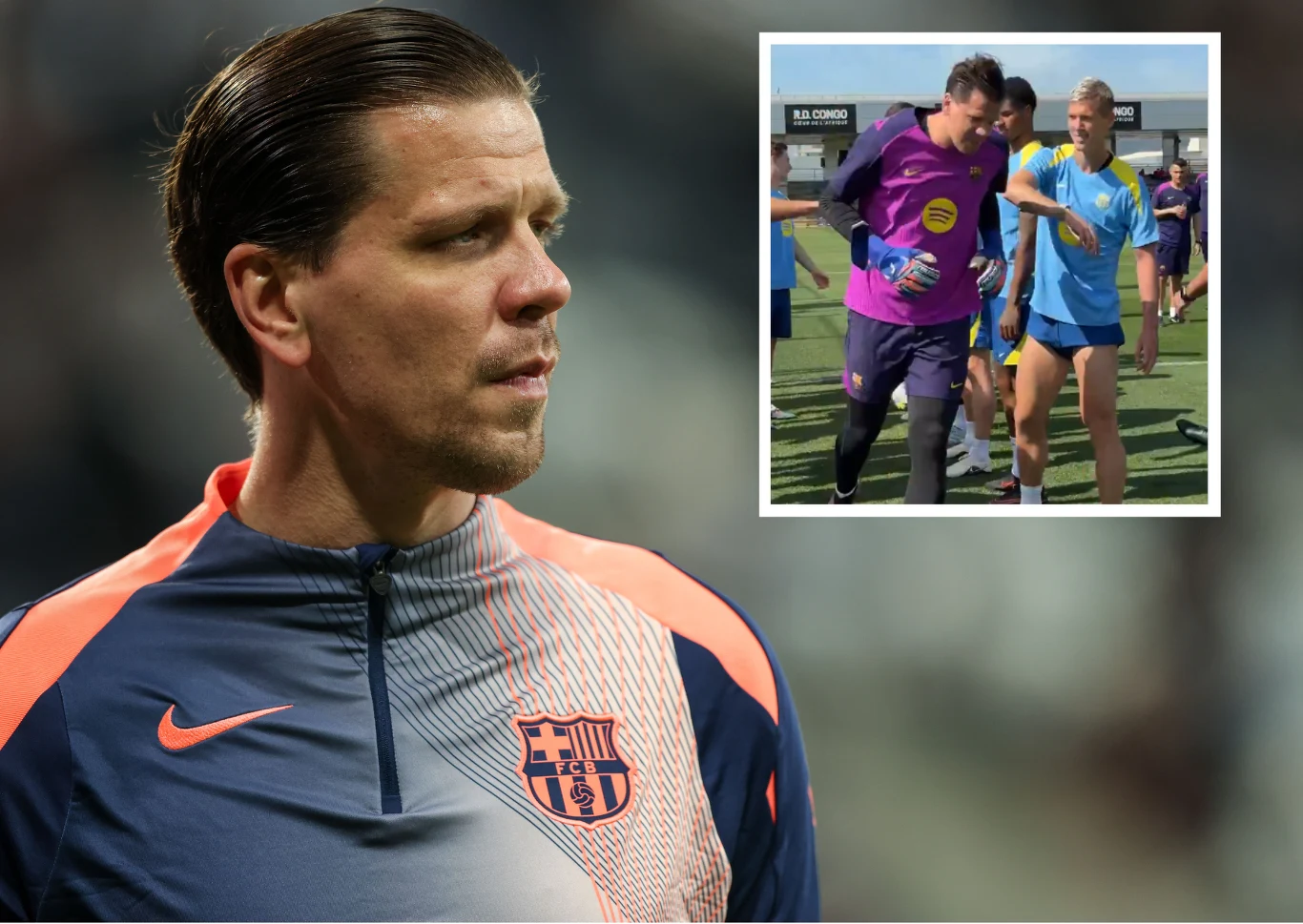 Wojciech Szczęsny i szpaler Wojciech Szczęsny w bluzie FC Barcelona na pierwszym planie, wstawka z dwoma piłkarzami na boisku w tle.