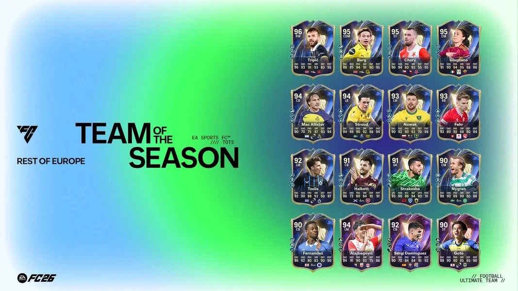 siedemnaście kart piłkarskich z serii Team of the Season FIFA Ultimate Team, ułożonych w czterech rzędach na tle gradientu zielono-niebieskiego, każda z kart przedstawia piłkarza z ocenami i klubowymi strojami, po lewej stronie widnieją napisy „Team of...