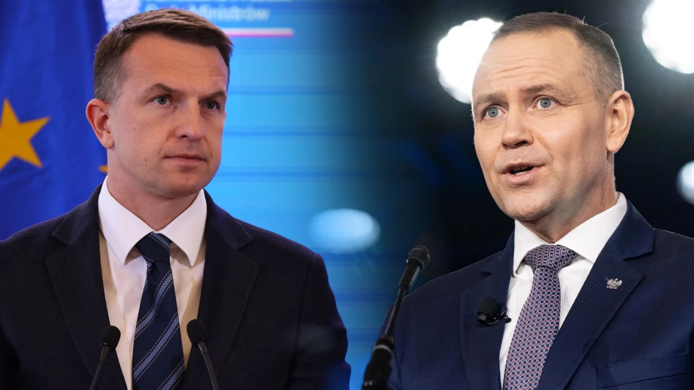 "Determinacja prezydenta w ochronie Zondacrypto silniejsza niż interes Polaków". Szłapka uderza w Nawrockiego Rzecznik rządu Adam Szłapka i prezydent RP Karol Nawrocki w garniturach, w tle unijna flaga.