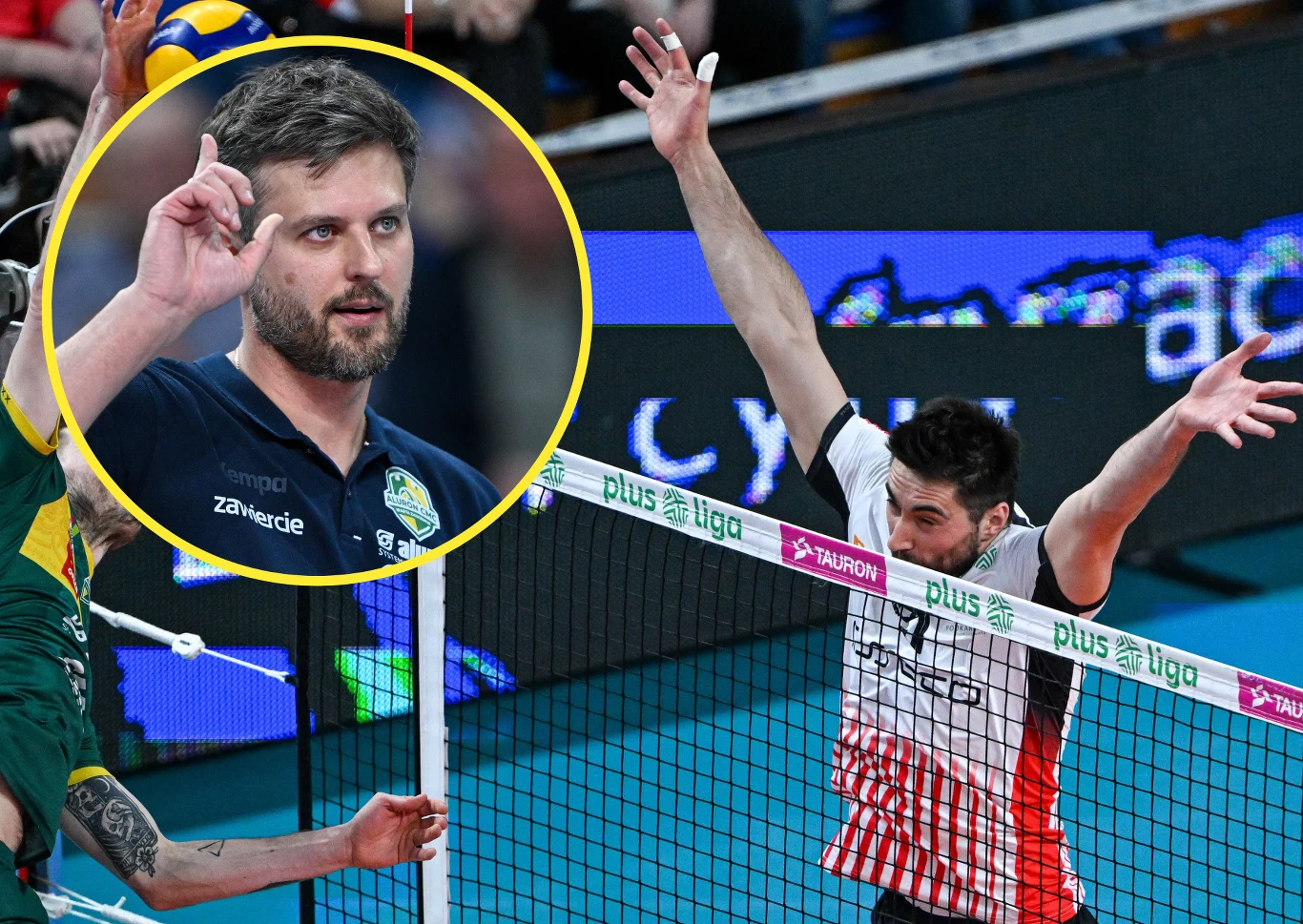 Michał Winiarski wprowadził Aluron CMC Wartę Zawiercie do trzeciego z rzędu finału PlusLigi Siatkarz Aluron CMC Warty Zawiercie blokuje przy siatce; zbliżenie na trenera Michała Winiarskiego obok.
