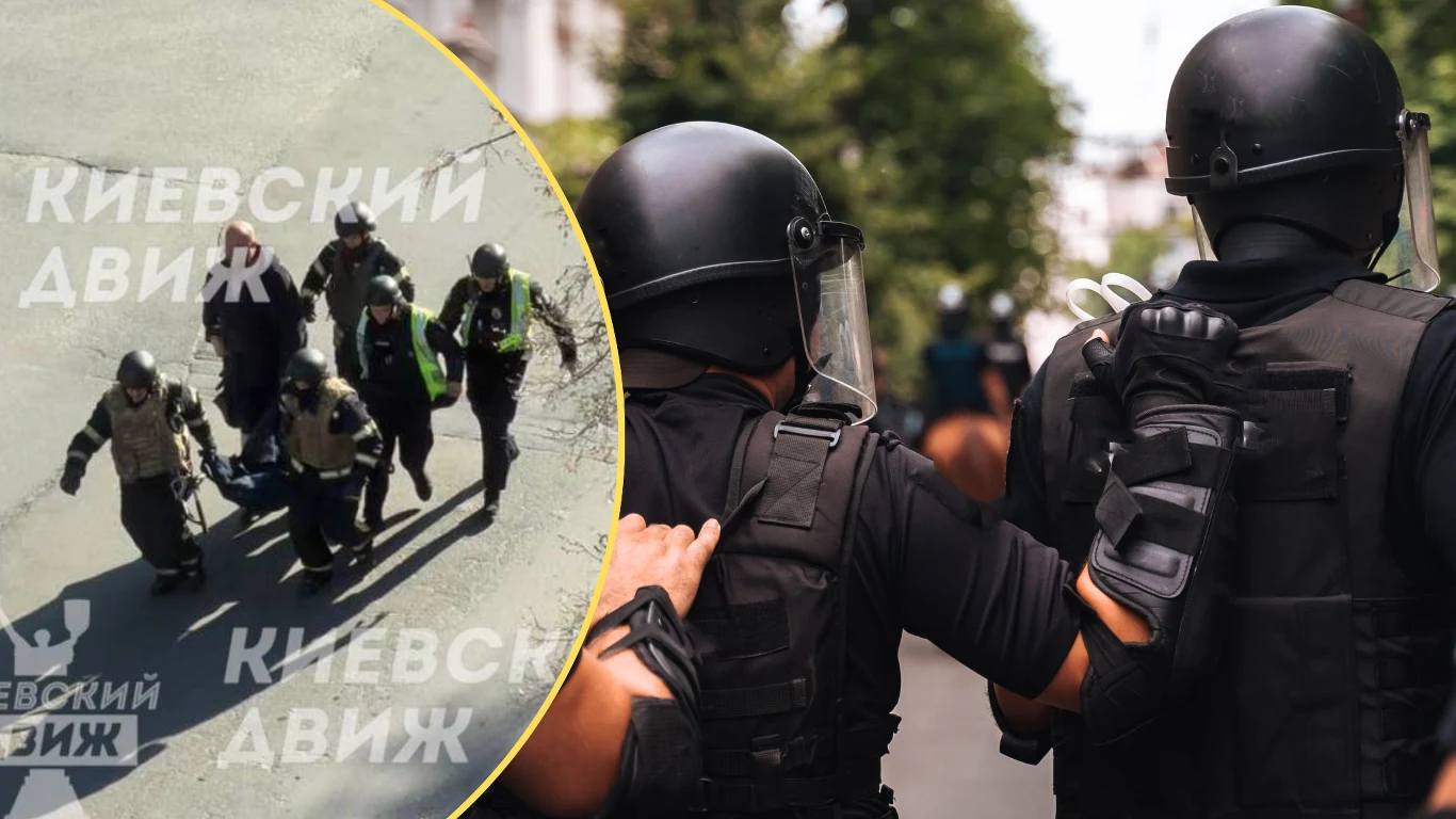 Strzelanina w Kijowie. Są ofiary i ranni Policjanci w strojach bojowych i hełmach niosą rannego na noszach