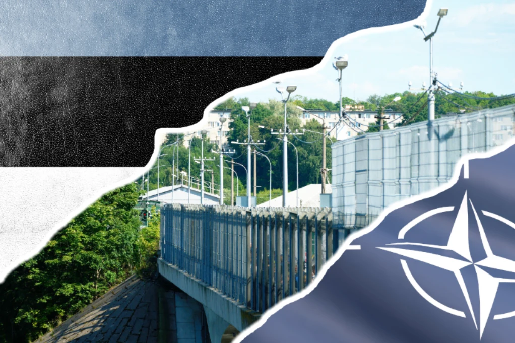 Estonia wzmacnia granicę z Rosją. Ochrona wschodniej flanki NATO i Unii Europejskiej Sklejka flagi Estonii i NATO. Po środku most łączący Estonię z Rosją
