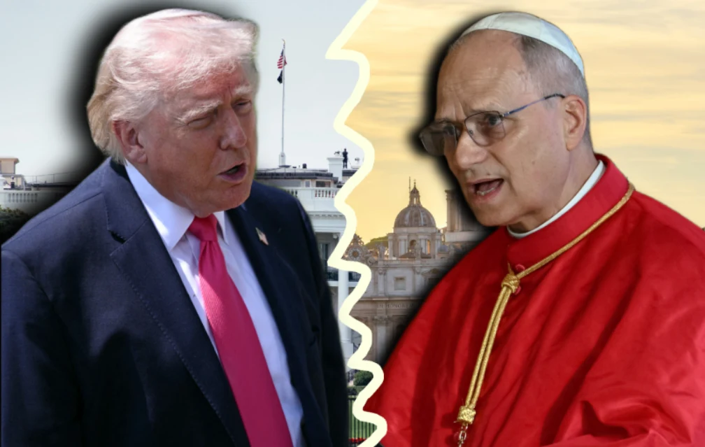 Papież Leon XIV ucina spekulacje, zaprzecza słowom w stronę Trumpa Po lewej Donald Trump na tle amerykańskiej flagi, po prawej papież Leon XIV przed bazyliką watykańską, oddzieleni linią.