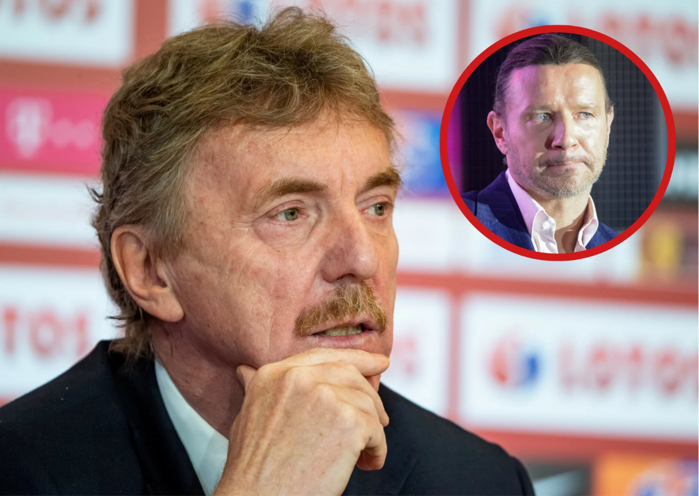 Zbigniew Boniek i Radosław Majdan Zbigniew Boniek na tle ściany z logotypami, w rogu okrągłe wstawienie z twarzą Radosława Majdana