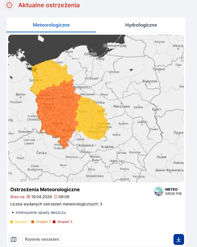 Mapa Polski z zaznaczonymi na pomarańczowo i żółto regionami objętymi meteorologicznymi ostrzeżeniami IMGW przed intensywnymi opadami deszczu; najwyższy, drugi stopień zagrożenia obejmuje województwa w centralnej i zachodniej części kraju, natomiast pi...