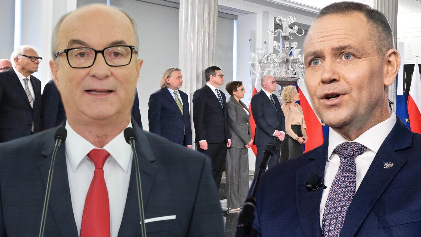 Spór wokół sędziów TK. Polacy ocenili decyzję Sejmu (zdj. ilustracyjne) Karol Nawrocki i Włodzimierz Czarzasty, w tle grupa sędziów Trybunału Konstytucyjnego w Sejmie