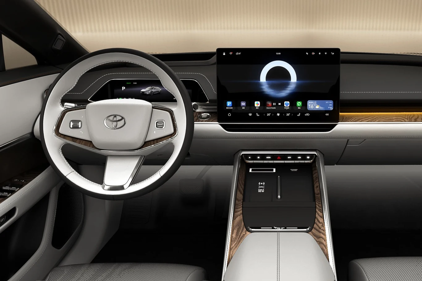 nowoczesna, minimalistyczna deska rozdzielcza toyoty z dużym ekranem dotykowym pośrodku, cyfrowymi wskaźnikami za kierownicą i eleganckimi elementami wykończenia imitującymi drewno
