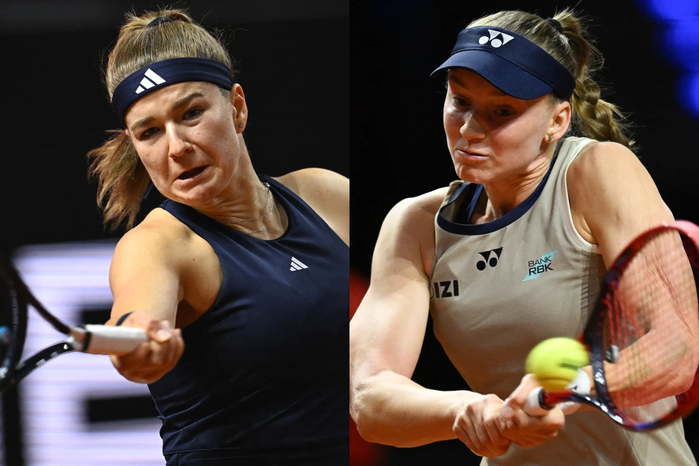 Dwie kobiety podczas intensywnej gry w tenisa, każda ujęta w trakcie uderzania piłki rakietą, skupione twarze, sportowe opaski na głowach i profesjonalny ubiór sportowy.