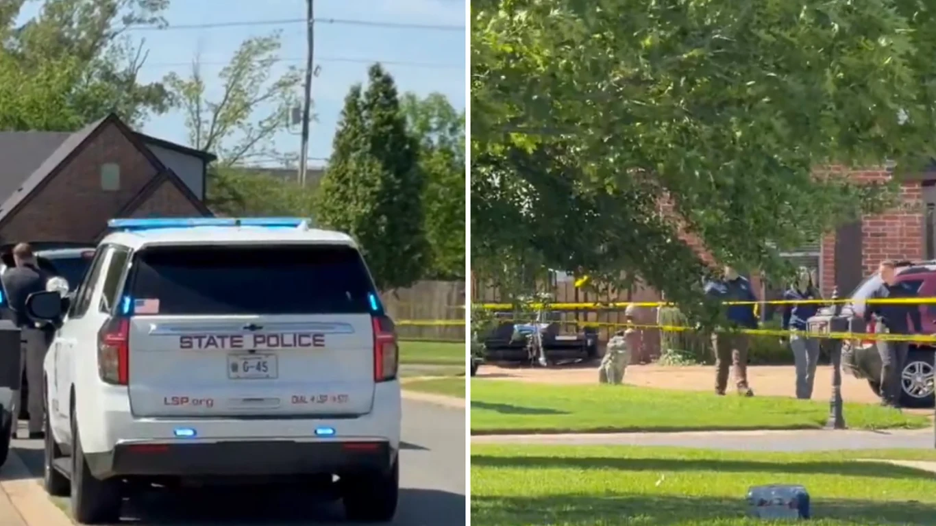 Strzelanina w USA. Wśród ofiar najmłodsi Radiowóz policji stanowej przy domu w Shreveport, żółta taśma i funkcjonariusze na miejscu zdarzenia.