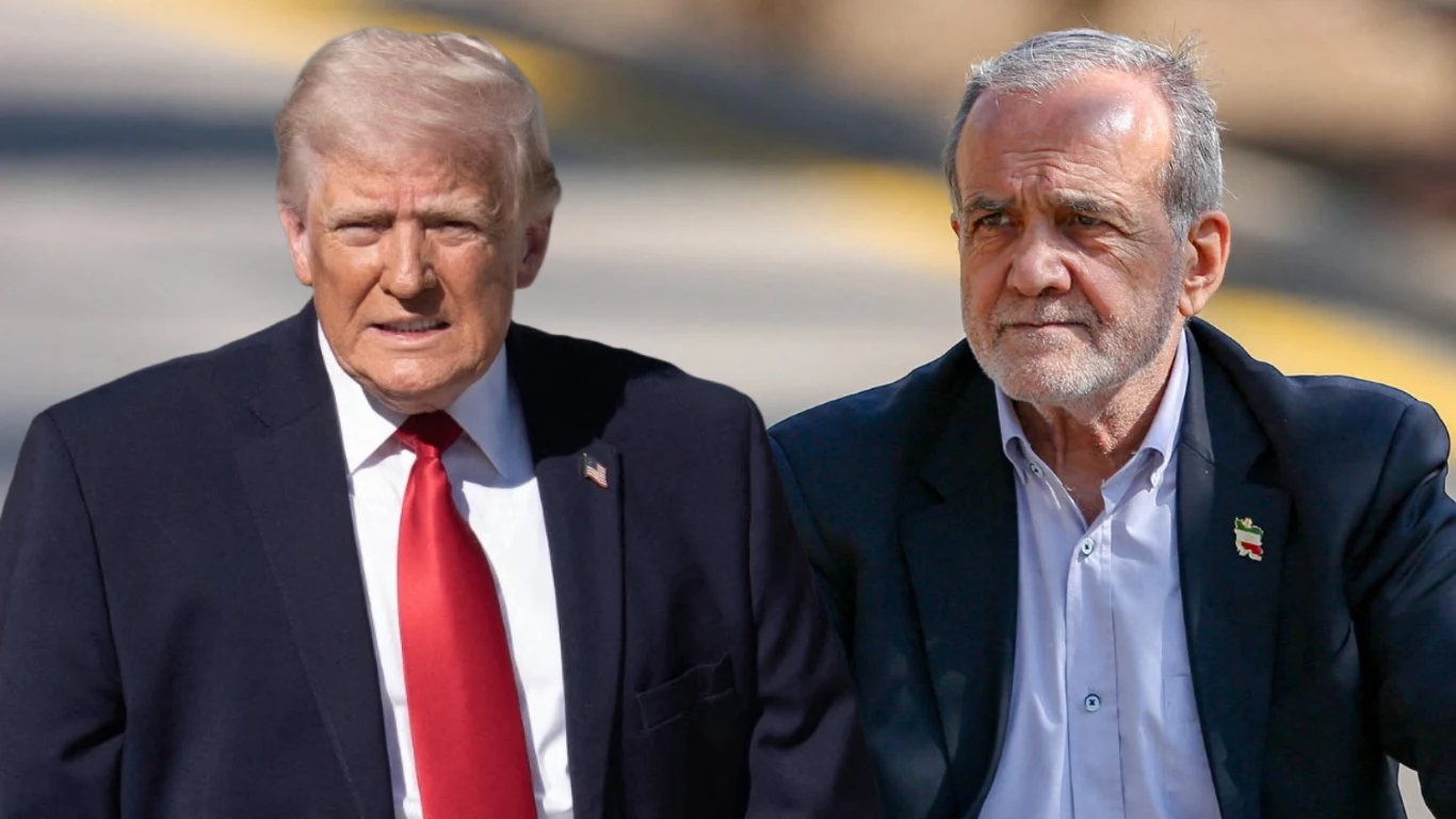 Teheran nie weźmie udziału w negocjacjach z USA Donald Trump w garniturze z czerwonym krawatem obok prezydenta Iranu Masuda Pezeszkiana.