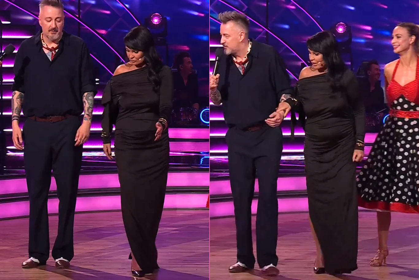 Trzy osoby stoją na parkiecie oświetlonym różowymi reflektorami, dwie z nich trzymają się za ręce, kobieta w czarnej, długiej sukni i mężczyzna w ciemnym ubraniu, obok nich kobieta w czerwonym topie i czarnej spódnicy w białe grochy z czerwonym dołem; ...